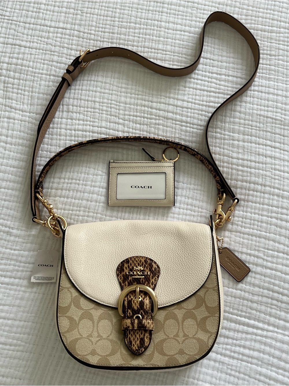 Coach Crossbody Saddle Bag in Chalk/Beige with Snakeskin. Comes w/card wallet.